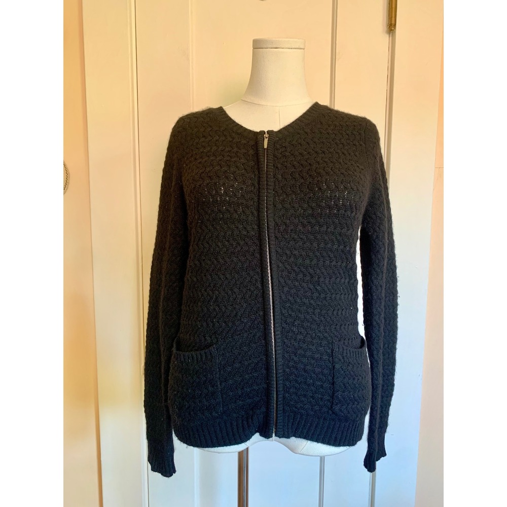 Kier + J Womens Black 100% Cashmere Full Zip Textured Knit Cardigan Sweater Sz M
